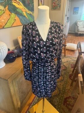NWT Shoshanna Metallic Floral Ruched Long Sleeve Mini Dress Navy Size 0